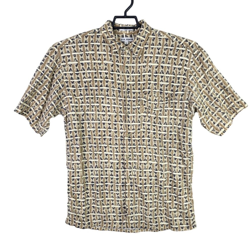 Mens Via Veneto Beige Geometric Print Shirt 100% Rayon Short Sleeve Button Up L